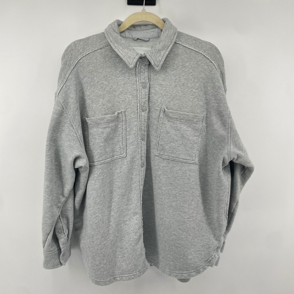 Aerie Shacket Women Small Gray Sweatshirt Button Down Raw Edge Oversized Layer